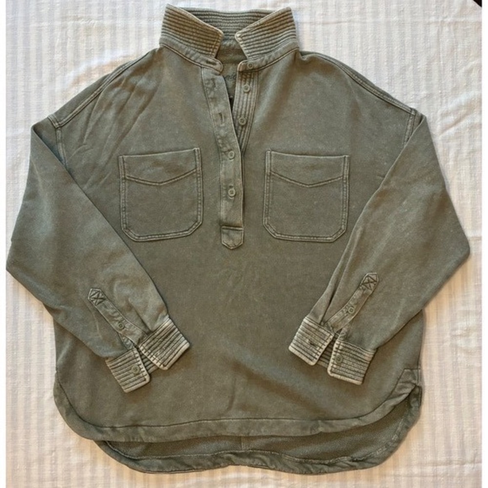 Aerie Popover Polo Washed Olive Green Pullover Sweatshirt Medium